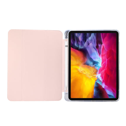 For iPad Pro 11 2022 / 2021 Three-folding Electric Pressed Skin Texture Horizontal Flip Shockproof Transparent TPU + PU Leather Tablet Case with Holder & Pen Slot & Sleep / Wake-up Function(Light Pink)-garmade.com