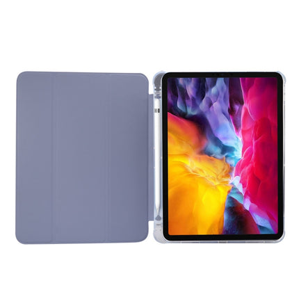 For iPad Pro 11 2022 / 2021 Three-folding Electric Pressed Skin Texture Horizontal Flip Shockproof Transparent TPU + PU Leather Tablet Case with Holder & Pen Slot & Sleep / Wake-up Function(Lavender)-garmade.com