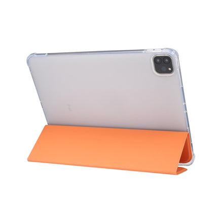 For iPad Pro 11 2022 / 2021 Three-folding Electric Pressed Skin Texture Horizontal Flip Shockproof Transparent TPU + PU Leather Tablet Case with Holder & Pen Slot & Sleep / Wake-up Function(Orange)-garmade.com