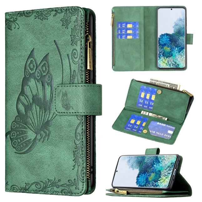 For Samsung Galaxy S20 Plus Flying Butterfly Embossing Pattern Zipper Horizontal Flip Leather Case with Holder & Card Slots & Wallet(Green)-garmade.com