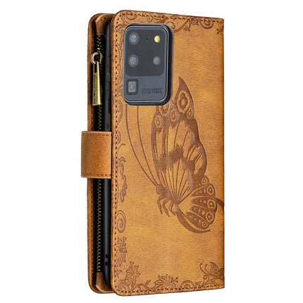 For Samsung Galaxy S20 Ultra Flying Butterfly Embossing Pattern Zipper Horizontal Flip Leather Case with Holder & Card Slots & Wallet(Brown)-garmade.com