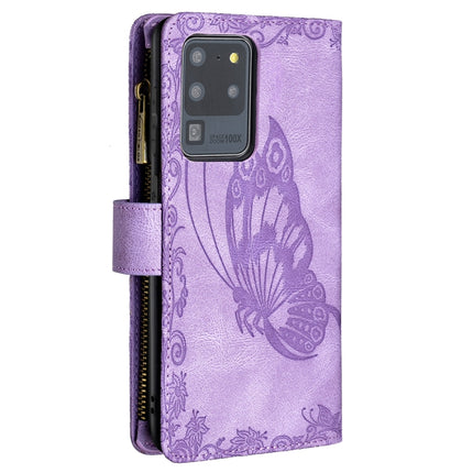 For Samsung Galaxy S20 Ultra Flying Butterfly Embossing Pattern Zipper Horizontal Flip Leather Case with Holder & Card Slots & Wallet(Purple)-garmade.com