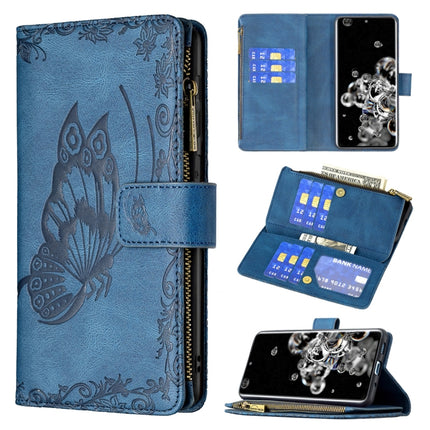 For Samsung Galaxy S20 Ultra Flying Butterfly Embossing Pattern Zipper Horizontal Flip Leather Case with Holder & Card Slots & Wallet(Blue)-garmade.com