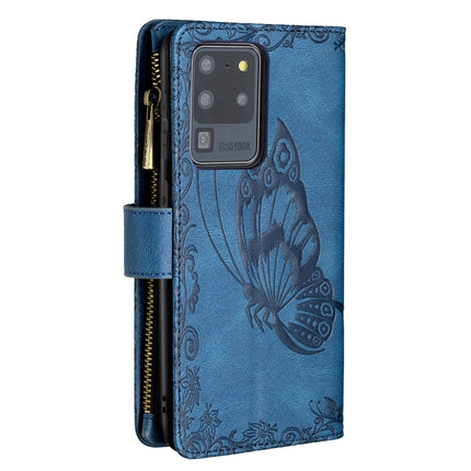 For Samsung Galaxy S20 Ultra Flying Butterfly Embossing Pattern Zipper Horizontal Flip Leather Case with Holder & Card Slots & Wallet(Blue)-garmade.com