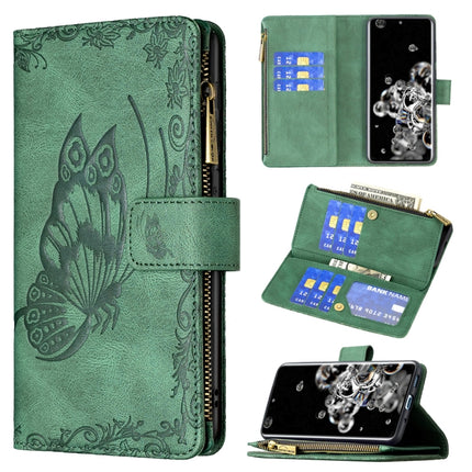 For Samsung Galaxy S20 Ultra Flying Butterfly Embossing Pattern Zipper Horizontal Flip Leather Case with Holder & Card Slots & Wallet(Green)-garmade.com