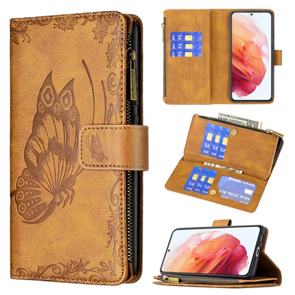 For Samsung Galaxy S21 5G Flying Butterfly Embossing Pattern Zipper Horizontal Flip Leather Case with Holder & Card Slots & Wallet(Brown)-garmade.com