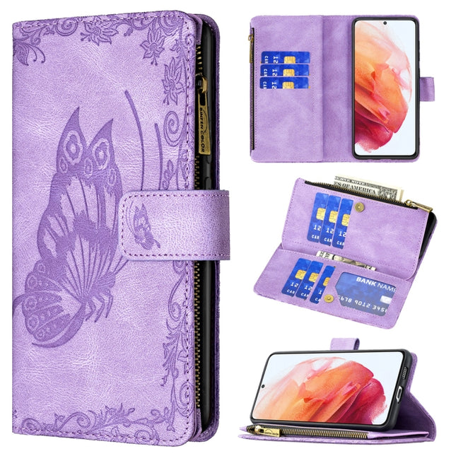 For Samsung Galaxy S21 5G Flying Butterfly Embossing Pattern Zipper Horizontal Flip Leather Case with Holder & Card Slots & Wallet(Purple)-garmade.com