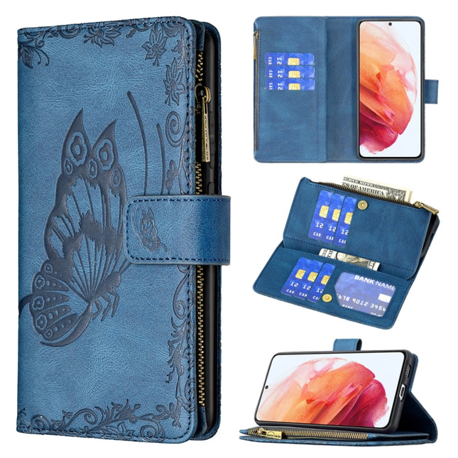 For Samsung Galaxy S21 5G Flying Butterfly Embossing Pattern Zipper Horizontal Flip Leather Case with Holder & Card Slots & Wallet(Blue)-garmade.com