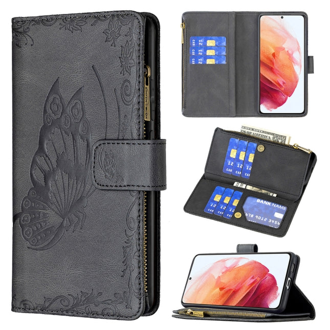 For Samsung Galaxy S21 5G Flying Butterfly Embossing Pattern Zipper Horizontal Flip Leather Case with Holder & Card Slots & Wallet(Black)-garmade.com