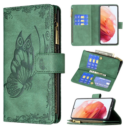 For Samsung Galaxy S21 5G Flying Butterfly Embossing Pattern Zipper Horizontal Flip Leather Case with Holder & Card Slots & Wallet(Green)-garmade.com