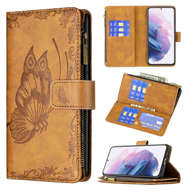 For Samsung Galaxy S21+ 5G Flying Butterfly Embossing Pattern Zipper Horizontal Flip Leather Case with Holder & Card Slots & Wallet(Brown)-garmade.com