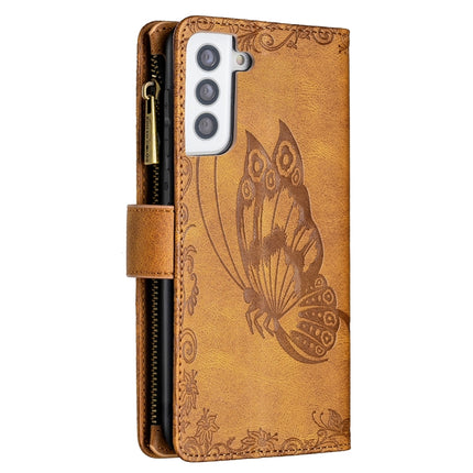 For Samsung Galaxy S21+ 5G Flying Butterfly Embossing Pattern Zipper Horizontal Flip Leather Case with Holder & Card Slots & Wallet(Brown)-garmade.com