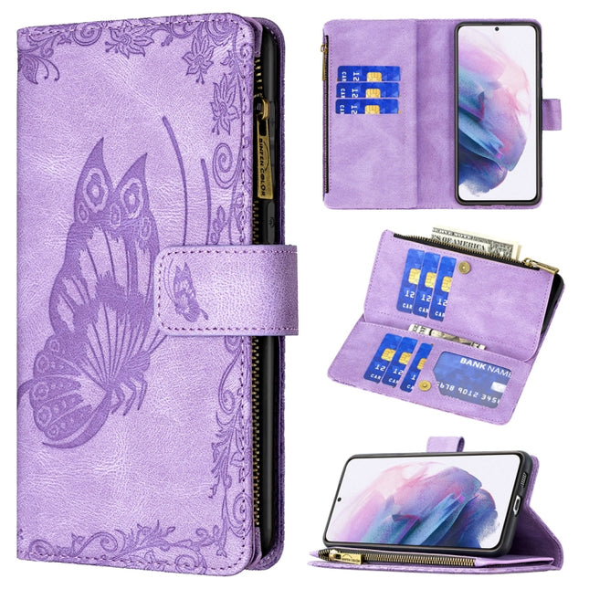 For Samsung Galaxy S21+ 5G Flying Butterfly Embossing Pattern Zipper Horizontal Flip Leather Case with Holder & Card Slots & Wallet(Purple)-garmade.com