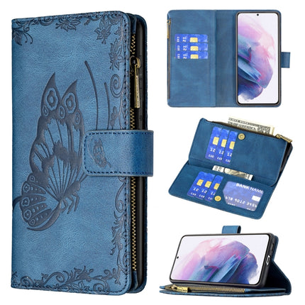For Samsung Galaxy S21+ 5G Flying Butterfly Embossing Pattern Zipper Horizontal Flip Leather Case with Holder & Card Slots & Wallet(Blue)-garmade.com