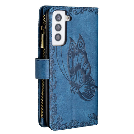 For Samsung Galaxy S21+ 5G Flying Butterfly Embossing Pattern Zipper Horizontal Flip Leather Case with Holder & Card Slots & Wallet(Blue)-garmade.com