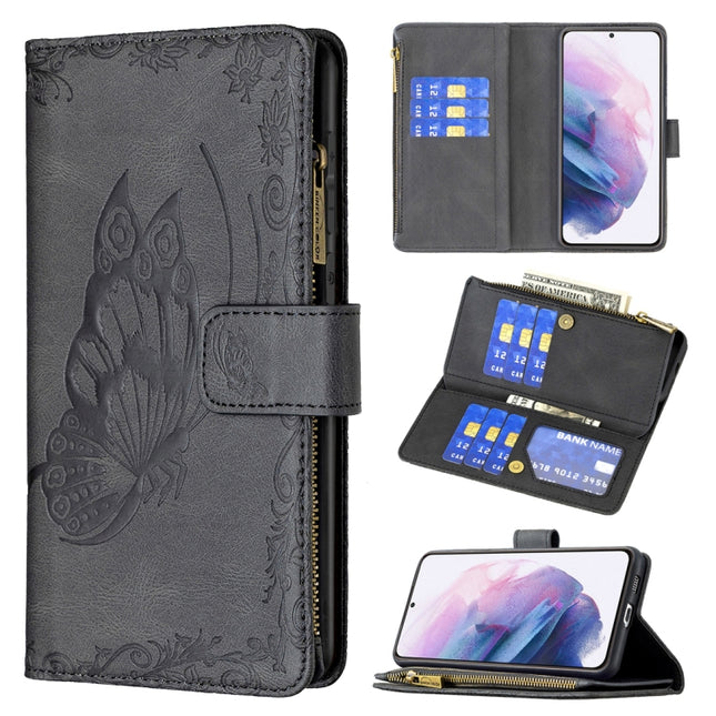 For Samsung Galaxy S21+ 5G Flying Butterfly Embossing Pattern Zipper Horizontal Flip Leather Case with Holder & Card Slots & Wallet(Black)-garmade.com