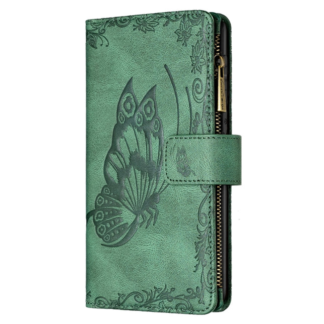 For Samsung Galaxy S21+ 5G Flying Butterfly Embossing Pattern Zipper Horizontal Flip Leather Case with Holder & Card Slots & Wallet(Green)-garmade.com