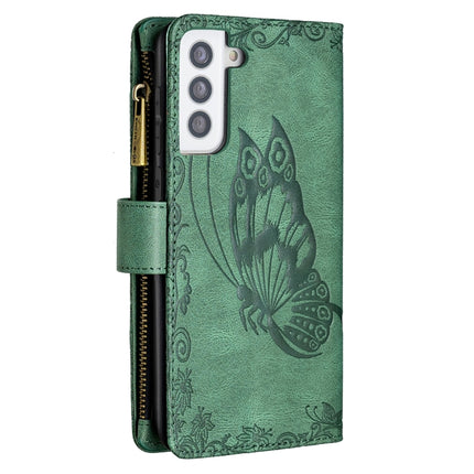 For Samsung Galaxy S21+ 5G Flying Butterfly Embossing Pattern Zipper Horizontal Flip Leather Case with Holder & Card Slots & Wallet(Green)-garmade.com