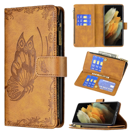 For Samsung Galaxy S21 Ultra 5G Flying Butterfly Embossing Pattern Zipper Horizontal Flip Leather Case with Holder & Card Slots & Wallet(Brown)-garmade.com