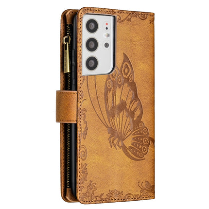 For Samsung Galaxy S21 Ultra 5G Flying Butterfly Embossing Pattern Zipper Horizontal Flip Leather Case with Holder & Card Slots & Wallet(Brown)-garmade.com