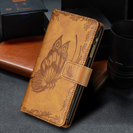 For Samsung Galaxy S21 Ultra 5G Flying Butterfly Embossing Pattern Zipper Horizontal Flip Leather Case with Holder & Card Slots & Wallet(Brown)-garmade.com