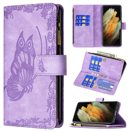 For Samsung Galaxy S21 Ultra 5G Flying Butterfly Embossing Pattern Zipper Horizontal Flip Leather Case with Holder & Card Slots & Wallet(Purple)-garmade.com