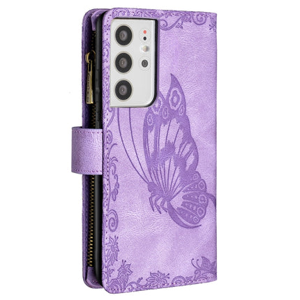 For Samsung Galaxy S21 Ultra 5G Flying Butterfly Embossing Pattern Zipper Horizontal Flip Leather Case with Holder & Card Slots & Wallet(Purple)-garmade.com