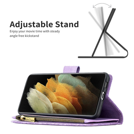 For Samsung Galaxy S21 Ultra 5G Flying Butterfly Embossing Pattern Zipper Horizontal Flip Leather Case with Holder & Card Slots & Wallet(Purple)-garmade.com