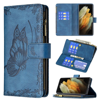 For Samsung Galaxy S21 Ultra 5G Flying Butterfly Embossing Pattern Zipper Horizontal Flip Leather Case with Holder & Card Slots & Wallet(Blue)-garmade.com