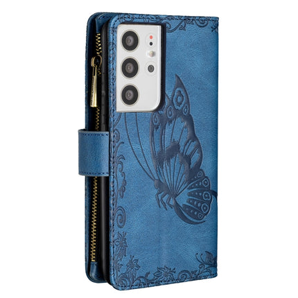 For Samsung Galaxy S21 Ultra 5G Flying Butterfly Embossing Pattern Zipper Horizontal Flip Leather Case with Holder & Card Slots & Wallet(Blue)-garmade.com