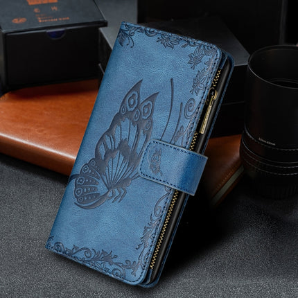 For Samsung Galaxy S21 Ultra 5G Flying Butterfly Embossing Pattern Zipper Horizontal Flip Leather Case with Holder & Card Slots & Wallet(Blue)-garmade.com