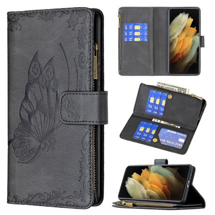 For Samsung Galaxy S21 Ultra 5G Flying Butterfly Embossing Pattern Zipper Horizontal Flip Leather Case with Holder & Card Slots & Wallet(Black)-garmade.com