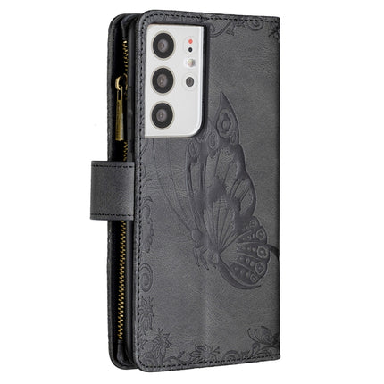 For Samsung Galaxy S21 Ultra 5G Flying Butterfly Embossing Pattern Zipper Horizontal Flip Leather Case with Holder & Card Slots & Wallet(Black)-garmade.com