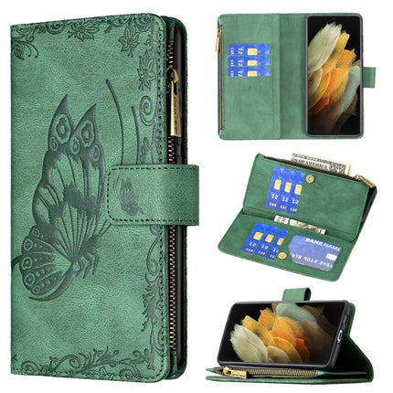 For Samsung Galaxy S21 Ultra 5G Flying Butterfly Embossing Pattern Zipper Horizontal Flip Leather Case with Holder & Card Slots & Wallet(Green)-garmade.com