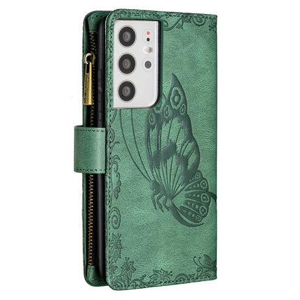 For Samsung Galaxy S21 Ultra 5G Flying Butterfly Embossing Pattern Zipper Horizontal Flip Leather Case with Holder & Card Slots & Wallet(Green)-garmade.com