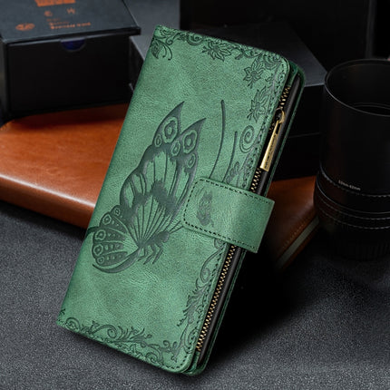 For Samsung Galaxy S21 Ultra 5G Flying Butterfly Embossing Pattern Zipper Horizontal Flip Leather Case with Holder & Card Slots & Wallet(Green)-garmade.com