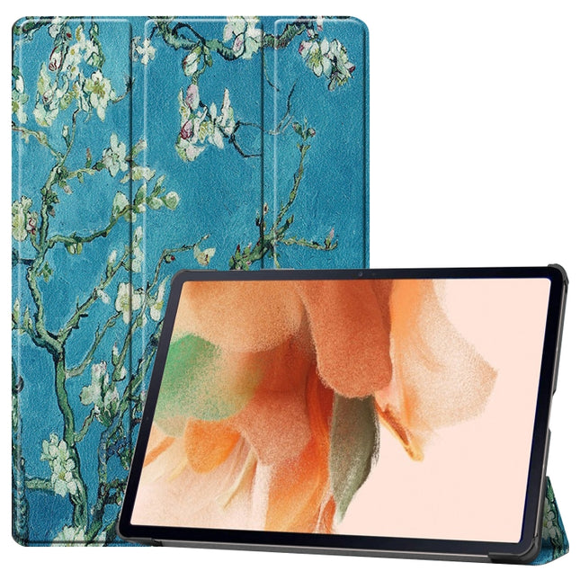 For Samsung Galaxy Tab S7 Lite T730 / T735 / Tab S7 FE T736 Custer Painted PU Leather Case with Sleep / Wake-up Function & 3-Fold Holder(Apricot Blossom)-garmade.com