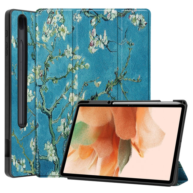 For Samsung Galaxy Tab S7 Lite T730 / T735 / Tab S7 FE T736 Custer Painted TPU Smart Tablet Leather Case with Sleep / Wake-up Function & 3-Fold Holder & Pen Slot(Apricot Blossom)-garmade.com