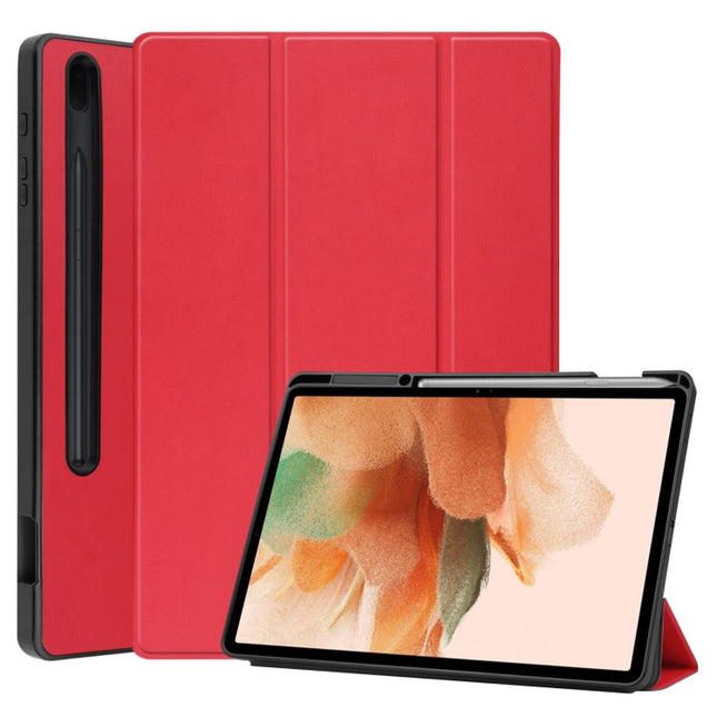 For Samsung Galaxy Tab S7 Lite T730 / T735 / Tab S7 FE T736 Custer Pattern Pure Color TPU Smart Tablet Holster with Sleep Function & 3-Fold Holder & Pen Slot(Red)-garmade.com