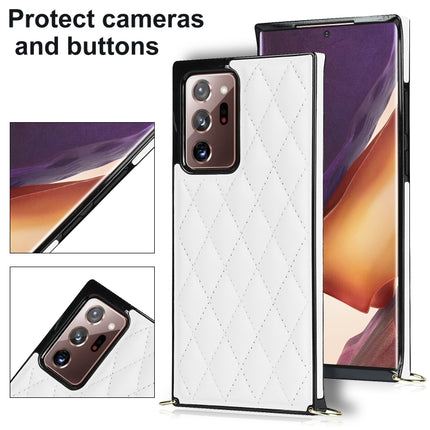 For Samsung Galaxy Note20 Ultra Elegant Rhombic Pattern Microfiber Leather +TPU Shockproof Case with Crossbody Strap Chain(White)-garmade.com