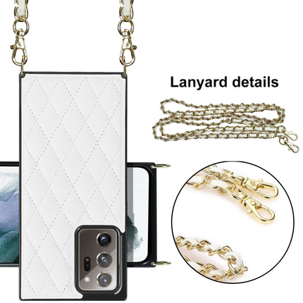 For Samsung Galaxy Note20 Ultra Elegant Rhombic Pattern Microfiber Leather +TPU Shockproof Case with Crossbody Strap Chain(White)-garmade.com