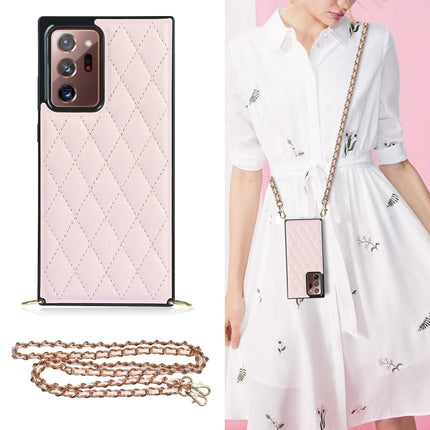 For Samsung Galaxy Note20 Ultra Elegant Rhombic Pattern Microfiber Leather +TPU Shockproof Case with Crossbody Strap Chain(Pink)-garmade.com