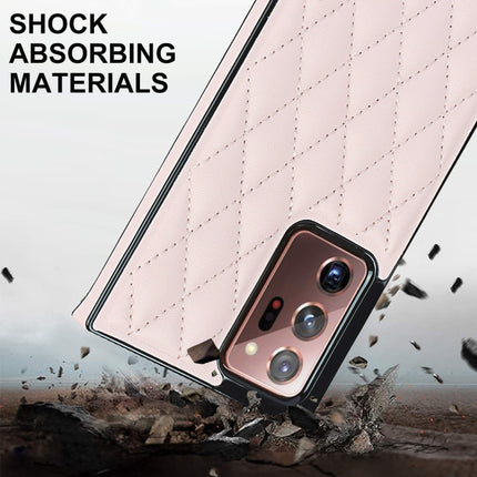 For Samsung Galaxy Note20 Ultra Elegant Rhombic Pattern Microfiber Leather +TPU Shockproof Case with Crossbody Strap Chain(Pink)-garmade.com