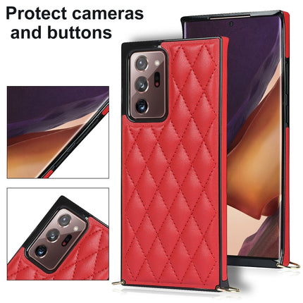 For Samsung Galaxy Note20 Ultra Elegant Rhombic Pattern Microfiber Leather +TPU Shockproof Case with Crossbody Strap Chain(Red)-garmade.com