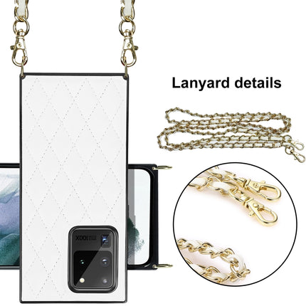 For Samsung Galaxy S20 Ultra Elegant Rhombic Pattern Microfiber Leather +TPU Shockproof Case with Crossbody Strap Chain(White)-garmade.com