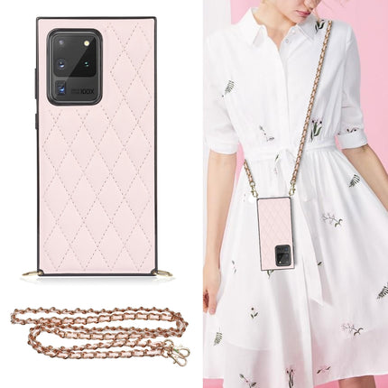 For Samsung Galaxy S20 Ultra Elegant Rhombic Pattern Microfiber Leather +TPU Shockproof Case with Crossbody Strap Chain(Pink)-garmade.com