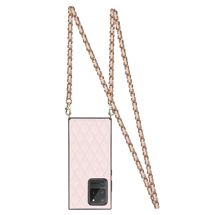 For Samsung Galaxy S20 Ultra Elegant Rhombic Pattern Microfiber Leather +TPU Shockproof Case with Crossbody Strap Chain(Pink)-garmade.com