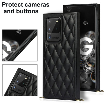 For Samsung Galaxy S20 Ultra Elegant Rhombic Pattern Microfiber Leather +TPU Shockproof Case with Crossbody Strap Chain(Black)-garmade.com