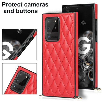 For Samsung Galaxy S20 Ultra Elegant Rhombic Pattern Microfiber Leather +TPU Shockproof Case with Crossbody Strap Chain(Red)-garmade.com