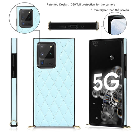 For Samsung Galaxy S20 Ultra Elegant Rhombic Pattern Microfiber Leather +TPU Shockproof Case with Crossbody Strap Chain(Blue)-garmade.com